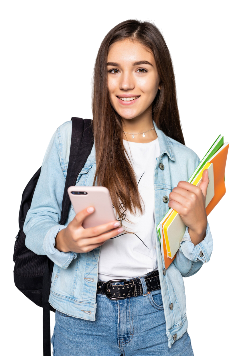 A happy young woman standing with a backpack and holding books